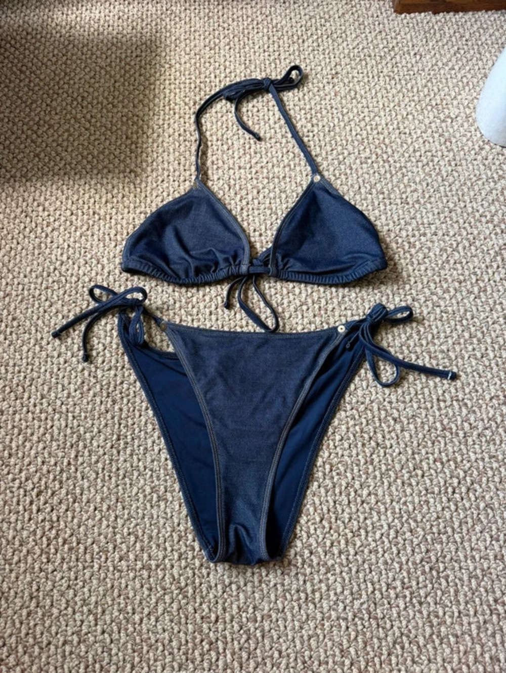 Navy blue denim style bikini set from American Eagle x Aerie collab
